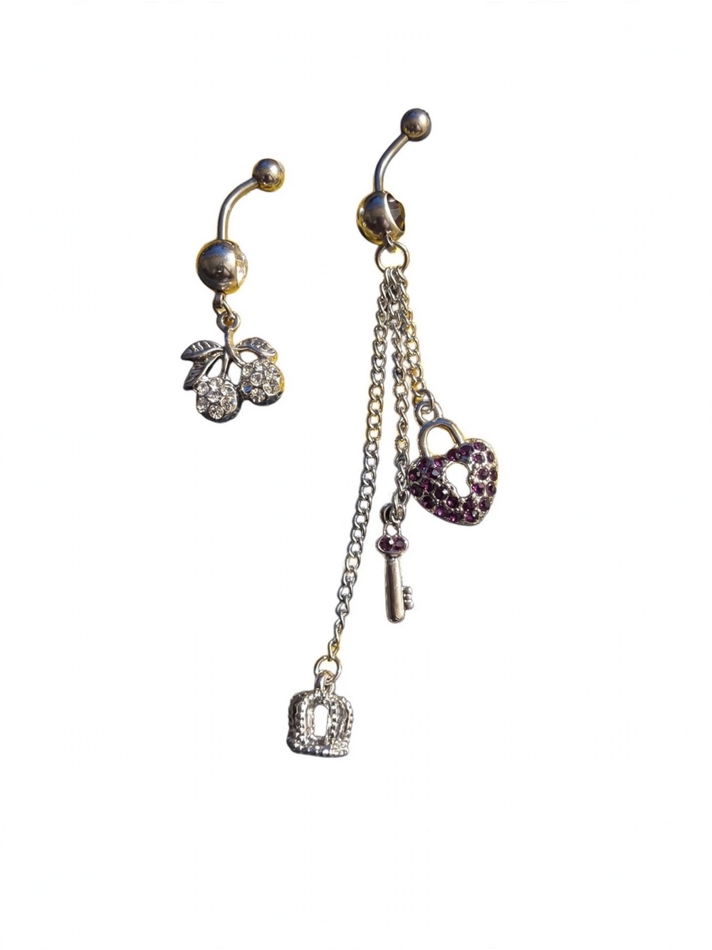 Asymmetrical Silver Tone Cherry & Heart Lock Dangle Belly Rings